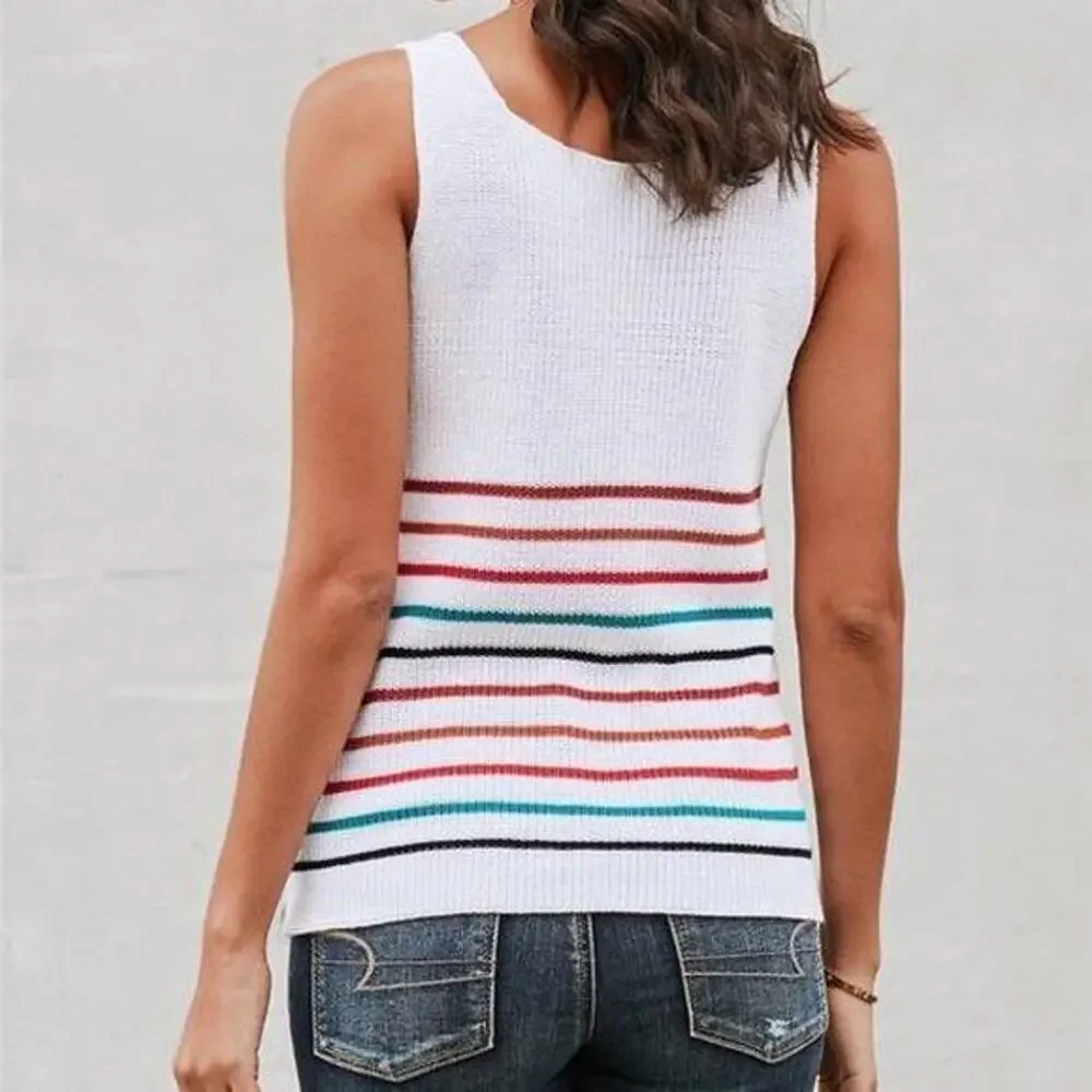 NEW NWT Boutique White Multi Colored Stripe V-Neck Sleeveless Sweater Large